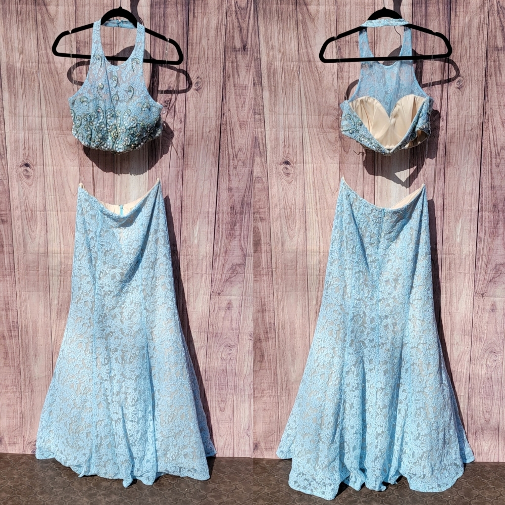 Jasz Couture Baby Blue Lace 2-Piece Halter Gown, Sz 12 - Picture 2 of 9